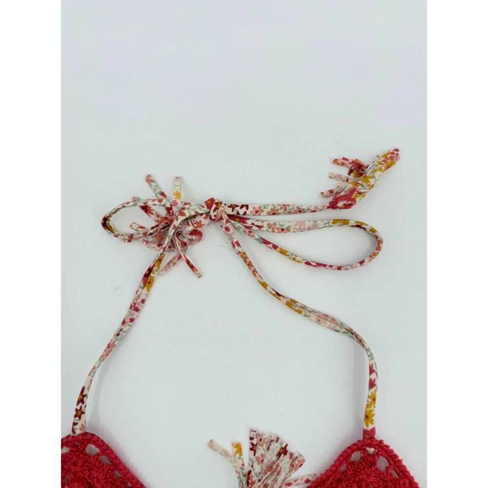 Tigerlily T305567 Bikini Top M Floral Crochet Trim Triangle Tie Boho Swim